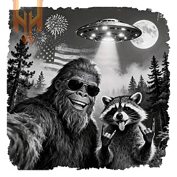 A hilarious grayscale vintage graphic of a patriotic bigfoot raccoon ufo selfie png with fireworks and an American flag.