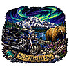 A stunning wilderness adventure featuring a motorcycle, a bear, and the northern lights, capturing the ultimate bikin alaskan style png aesthetic.