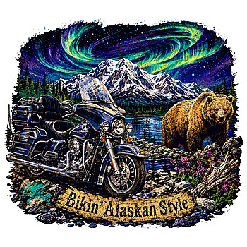 A stunning wilderness adventure featuring a motorcycle, a bear, and the northern lights, capturing the ultimate bikin alaskan style png aesthetic.