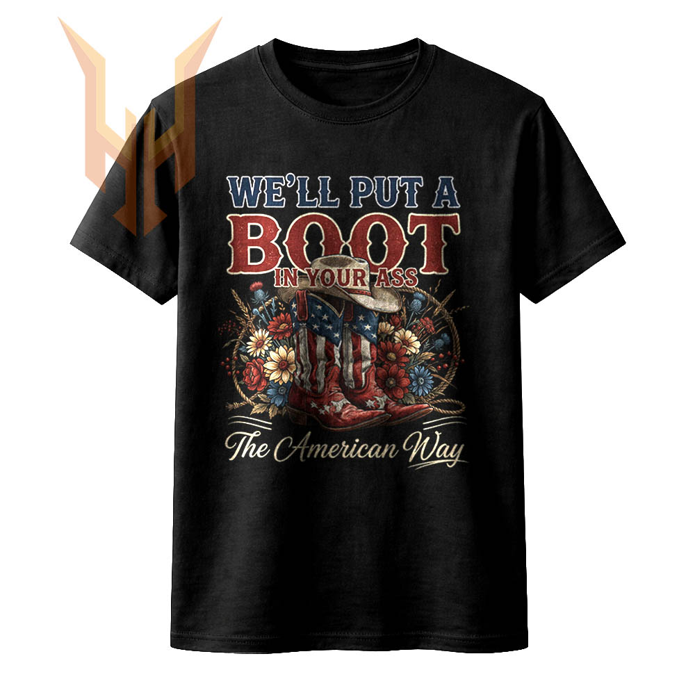 A vintage Americana boot in your ass png featuring patriotic cowboy boots, a classic hat, lasso rope, and rustic wildflowers.