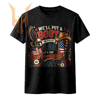 A vintage Americana boot in your ass png featuring a patriotic cowboy boot, American flag, bald eagle, and intricate floral elements.