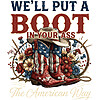 A vintage Americana boot in your ass png featuring patriotic cowboy boots, a classic hat, lasso rope, and rustic wildflowers.