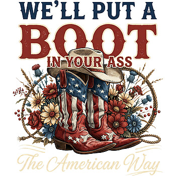 A vintage Americana boot in your ass png featuring patriotic cowboy boots, a classic hat, lasso rope, and rustic wildflowers.