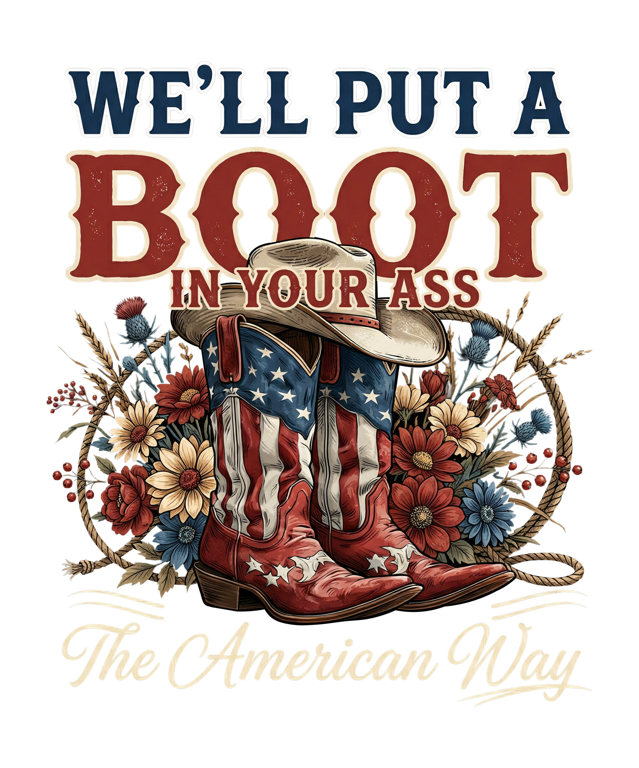 A vintage Americana boot in your ass png featuring patriotic cowboy boots, a classic hat, lasso rope, and rustic wildflowers.