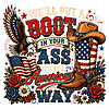 A vintage Americana boot in your ass png featuring a patriotic cowboy boot, American flag, bald eagle, and intricate floral elements.