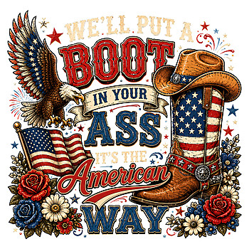A vintage Americana boot in your ass png featuring a patriotic cowboy boot, American flag, bald eagle, and intricate floral elements.