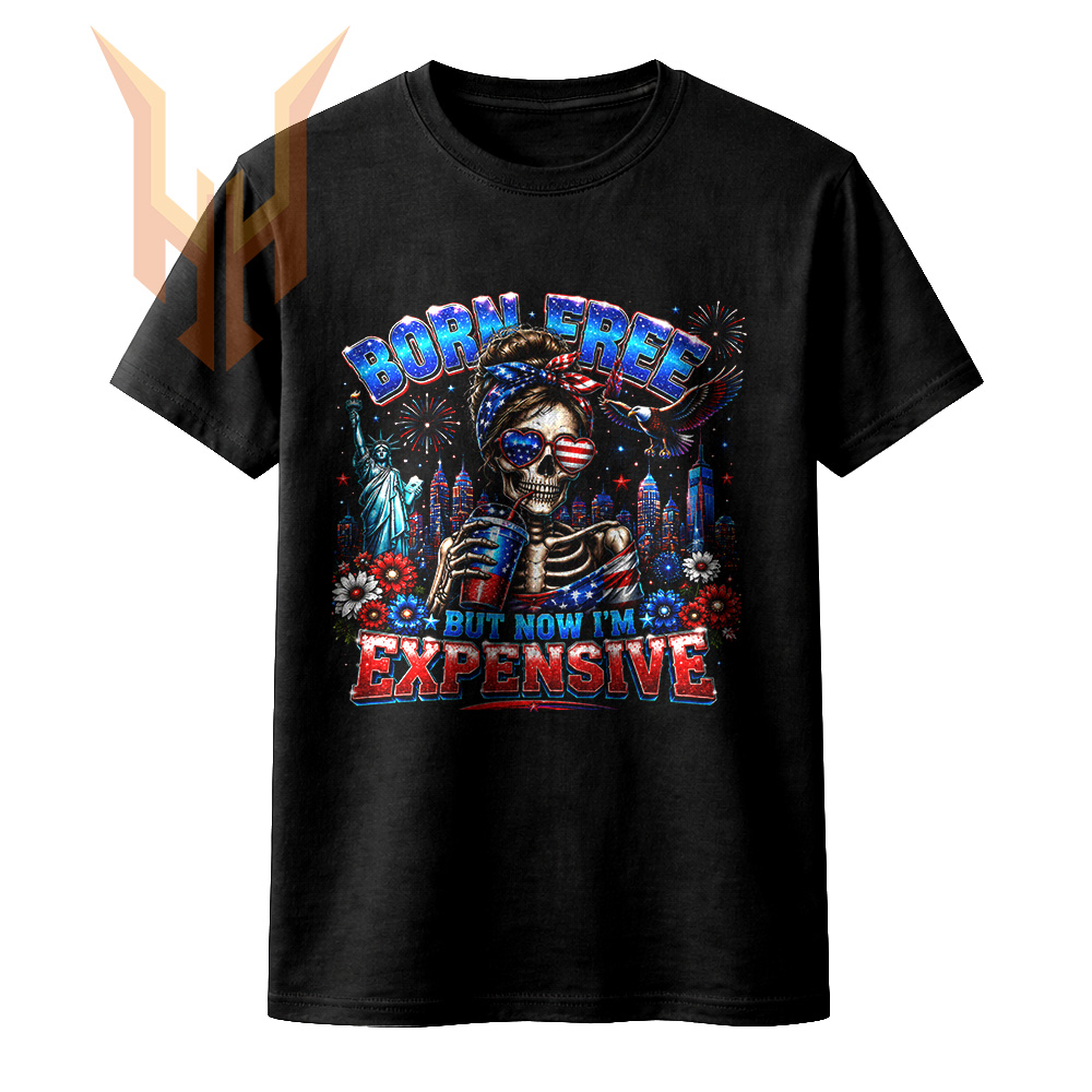 A sassy skeleton drinking a beverage in front of the Statue of Liberty and city skyline in this born free but now im expensive png design.