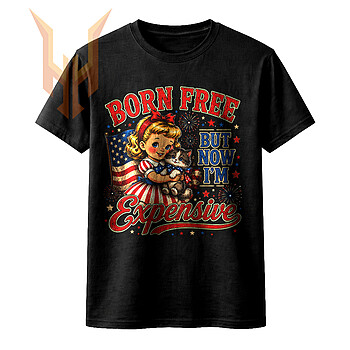 A vintage retro girl holding a cat with an American flag background featuring the funny born free but now im expensive png design.