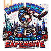A sassy skeleton drinking a beverage in front of the Statue of Liberty and city skyline in this born free but now im expensive png design.
