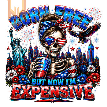 A sassy skeleton drinking a beverage in front of the Statue of Liberty and city skyline in this born free but now im expensive png design.