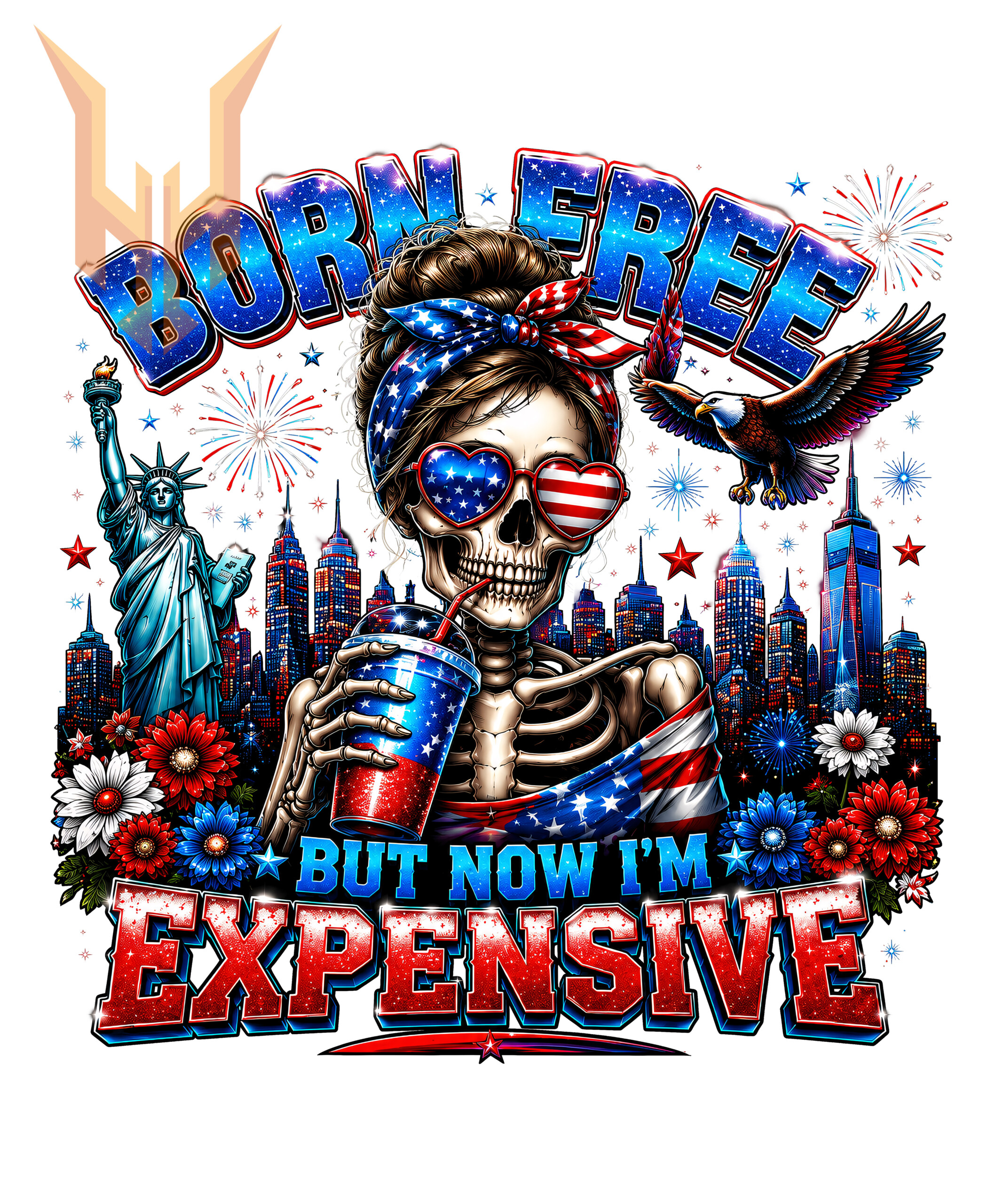 A sassy skeleton drinking a beverage in front of the Statue of Liberty and city skyline in this born free but now im expensive png design.