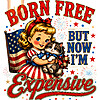 A vintage retro girl holding a cat with an American flag background featuring the funny born free but now im expensive png design.