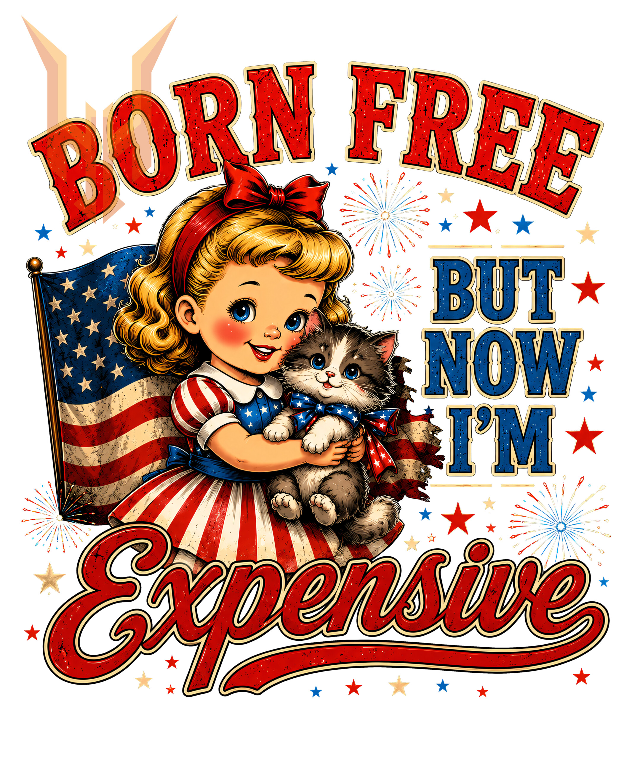 A vintage retro girl holding a cat with an American flag background featuring the funny born free but now im expensive png design.