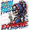 A funny patriotic messy bun skull throwing a peace sign surrounded by diamonds in this born free but now im expensive skeleton png design.