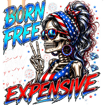 A funny patriotic messy bun skull throwing a peace sign surrounded by diamonds in this born free but now im expensive skeleton png design.