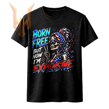 A funny patriotic messy bun skull throwing a peace sign surrounded by diamonds in this born free but now im expensive skeleton png design.