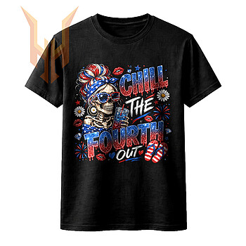 A glittery patriotic messy bun skull holding an iced drink with fireworks and flip-flops in this chill the fourth out png design.