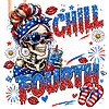 A glittery patriotic messy bun skull holding an iced drink with fireworks and flip-flops in this chill the fourth out png design.