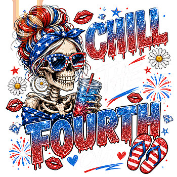 A glittery patriotic messy bun skull holding an iced drink with fireworks and flip-flops in this chill the fourth out png design.