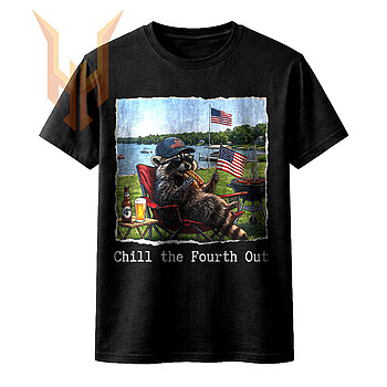 A hyper-realistic illustration of a trash panda eating a hot dog by the lake, highlighting the chill the fourth out raccoon png design.
