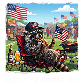 A hyper-realistic illustration of a trash panda eating a hot dog at a summer festival, featuring the chill the fourth out raccoon png design.