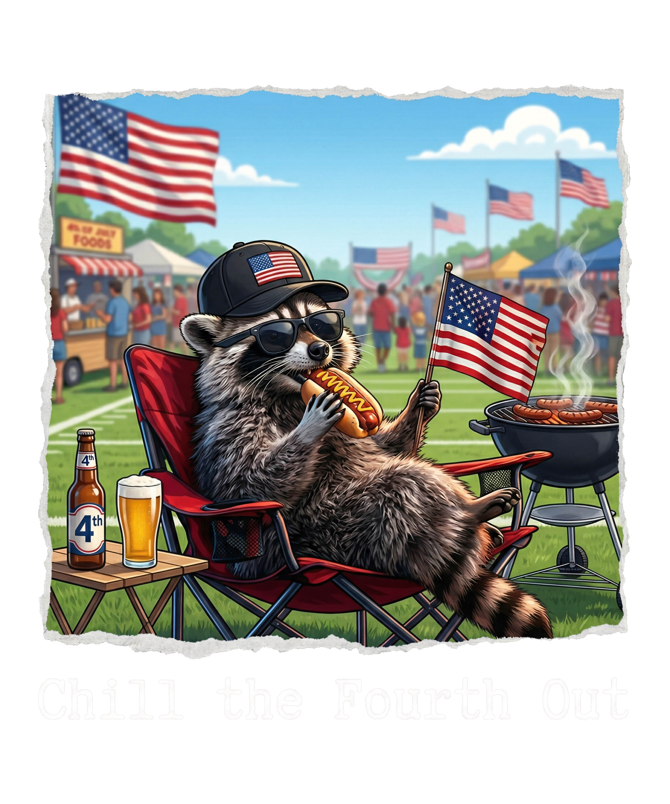 A hyper-realistic illustration of a trash panda eating a hot dog at a summer festival, featuring the chill the fourth out raccoon png design.