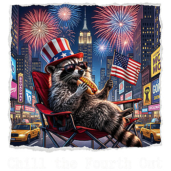 A hyper-realistic graphic of a cool raccoon lounging in a camp chair eating a hot dog in the city, highlighting the chill the fourth out raccoon png design.