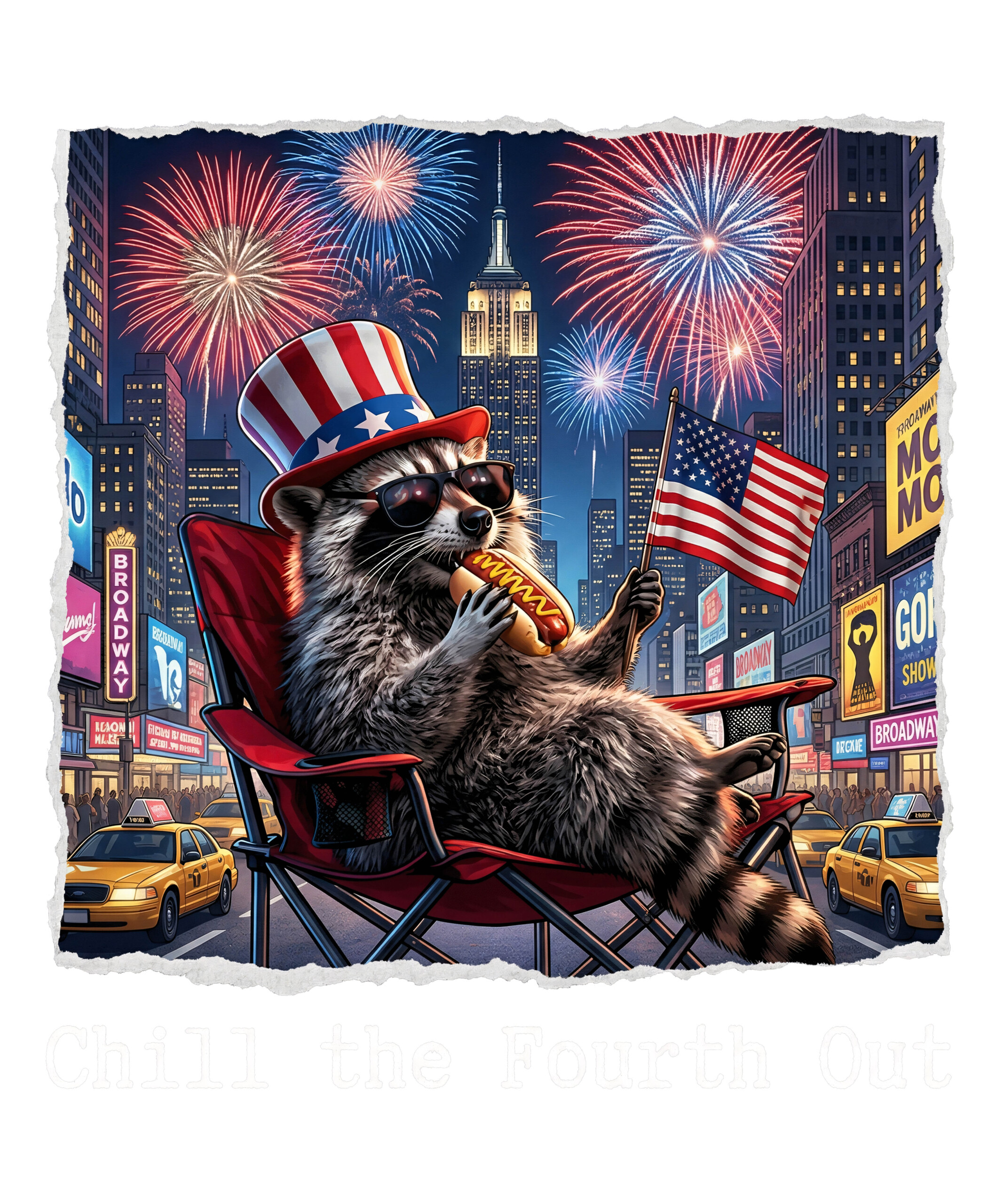 A hyper-realistic graphic of a cool raccoon lounging in a camp chair eating a hot dog in the city, highlighting the chill the fourth out raccoon png design.