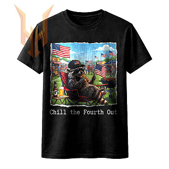 A hyper-realistic illustration of a trash panda eating a hot dog at a summer festival, featuring the chill the fourth out raccoon png design.