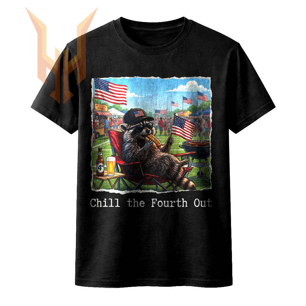 A hyper-realistic illustration of a trash panda eating a hot dog at a summer festival, featuring the chill the fourth out raccoon png design.