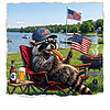 A hyper-realistic illustration of a trash panda eating a hot dog by the lake, highlighting the chill the fourth out raccoon png design.