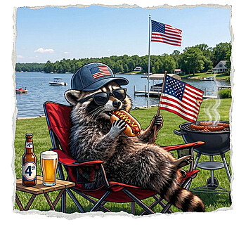 A hyper-realistic illustration of a trash panda eating a hot dog by the lake, highlighting the chill the fourth out raccoon png design.