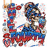 A glittery patriotic messy bun skull holding a drink with red, white, and blue fireworks in this chill the fourth out skeleton png design.