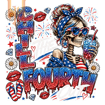 A glittery patriotic messy bun skull holding a drink with red, white, and blue fireworks in this chill the fourth out skeleton png design.