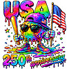 A vibrant neon melting sports mascot holding a bat and flag, perfect for the colorful usa 250th baseball png collection.