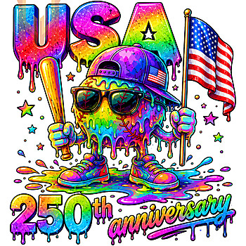A vibrant neon melting sports mascot holding a bat and flag, perfect for the colorful usa 250th baseball png collection.
