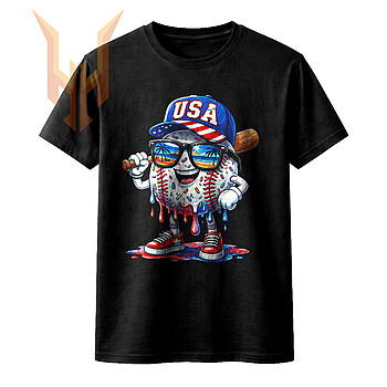 A cool and patriotic melting sports character wearing sunglasses and a USA cap, featured in this vibrant dripping usa baseball png design.