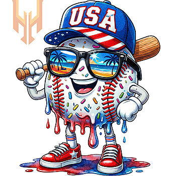 A cool and patriotic melting sports character wearing sunglasses and a USA cap, featured in this vibrant dripping usa baseball png design.