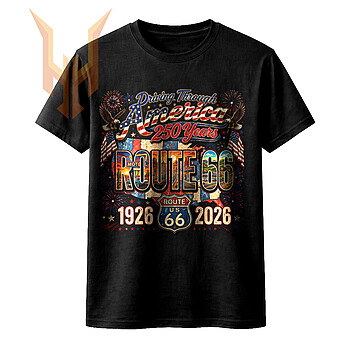 A vibrant vintage collage celebrating America's 250th and Route 66's centennial, available as the driving through america route 66 png for download.
