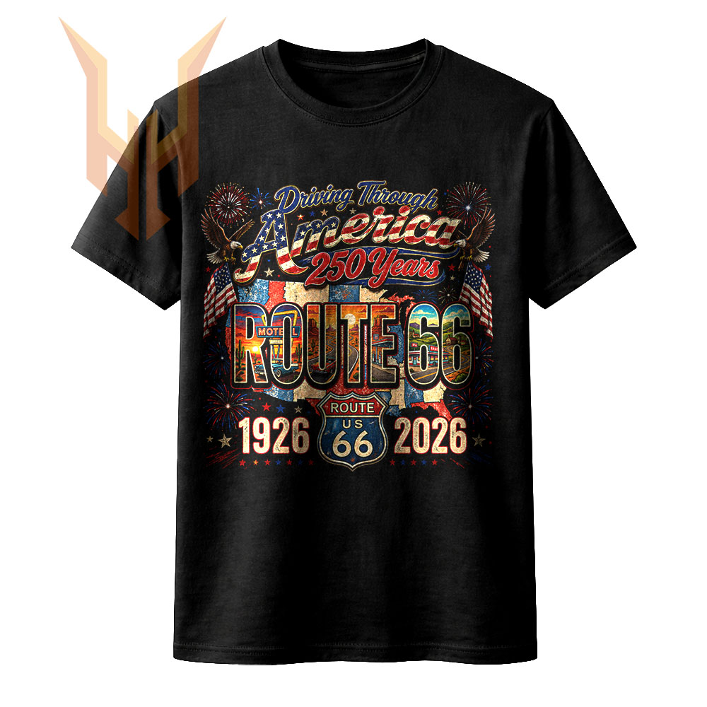 A vibrant vintage collage celebrating America's 250th and Route 66's centennial, available as the driving through america route 66 png for download.