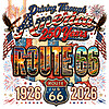 A vibrant vintage collage celebrating America's 250th and Route 66's centennial, available as the driving through america route 66 png for download.