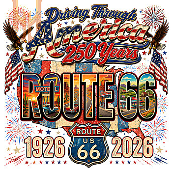 A vibrant vintage collage celebrating America's 250th and Route 66's centennial, available as the driving through america route 66 png for download.