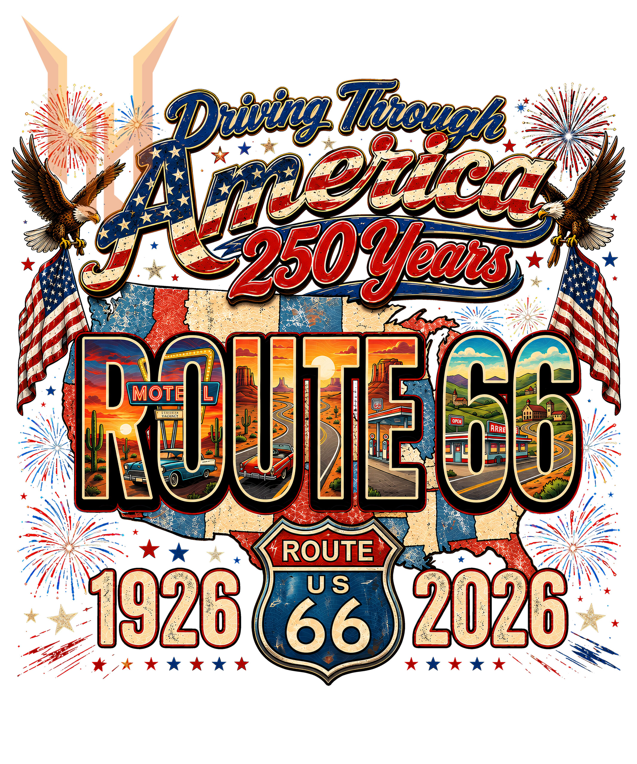 A vibrant vintage collage celebrating America's 250th and Route 66's centennial, available as the driving through america route 66 png for download.
