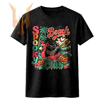 A vibrant, distressed vintage design featuring a black cat in a flamingo float and a surfing ghost for your spooky beach club png collection.
