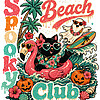 A vibrant, distressed vintage design featuring a black cat in a flamingo float and a surfing ghost for your spooky beach club png collection