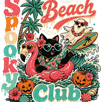 A vibrant, distressed vintage design featuring a black cat in a flamingo float and a surfing ghost for your spooky beach club png collection