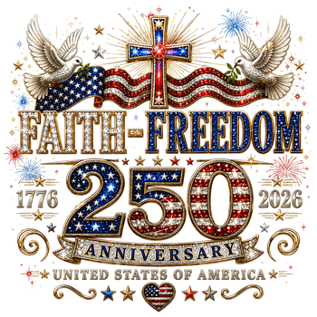 A glittering jeweled cross with white doves and American flags in this faith freedom 250 anniversary png design.