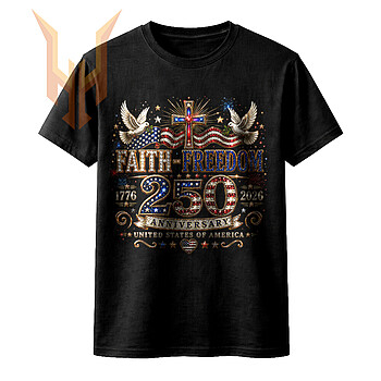 A glittering jeweled cross with white doves and American flags in this faith freedom 250 anniversary png design.