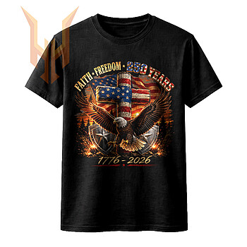An epic vintage illustration of a bald eagle and an American flag-draped cross, featuring the faith freedom 250 years png design.