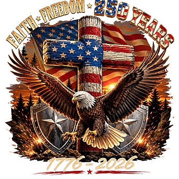 An epic vintage illustration of a bald eagle and an American flag-draped cross, featuring the faith freedom 250 years png design.